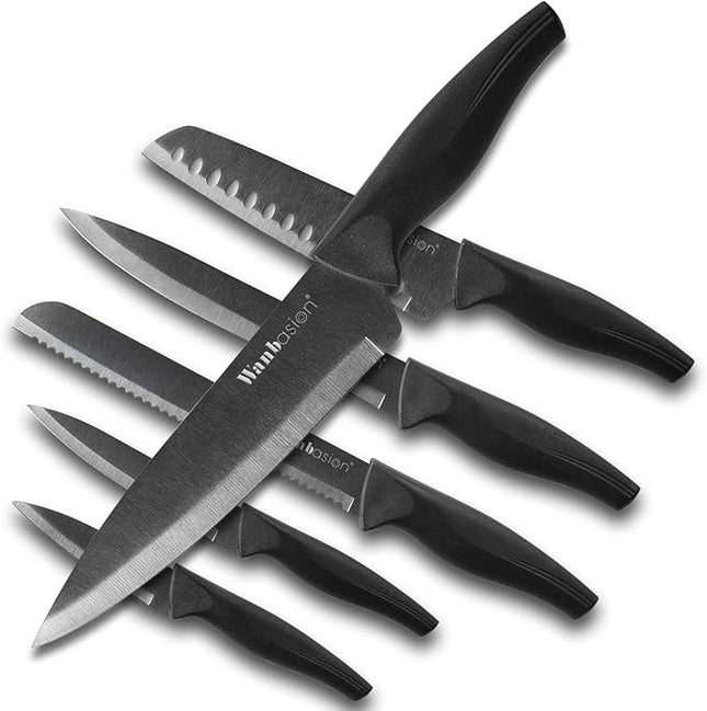 Wanbasion Black Professional Kitchen Knife Chef Set, Stainless Steel, Dishwasher Safe with Sheathes