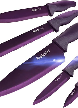 Wanbasion Purple 5 Piece Knife Set for Kitchen Professional, Stainless Steel, Kitchen Knife Set Dishwasher Safe with Covers
