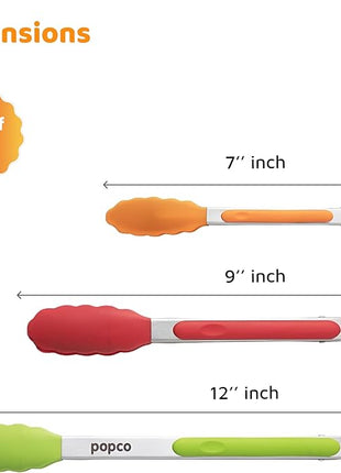 Popco 3 Piece Kitchen Tongs Set 7, 9, 12 Inch - Stainless Steel Nonstick Tongs with Silicone Tips - Heat Resistant and Dishwasher Safe for Cooking, Grilling, Salad, and Everyday Serving