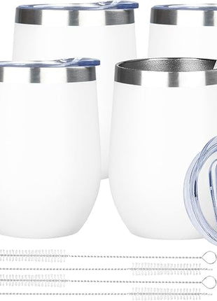 MEZMUT 12oz Insulated Wine Tumbler with Lid Double Wall Vacuum Stainless Steel Wine Glass Coffee Mug Insulated Tumbler Cup for Champaign, Cocktail, Beer (White,4 Pack)