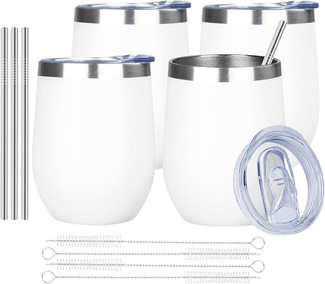 MEZMUT 12oz Insulated Wine Tumbler with Lid Double Wall Vacuum Stainless Steel Wine Glass Coffee Mug Insulated Tumbler Cup for Champaign, Cocktail, Beer (White,4 Pack)