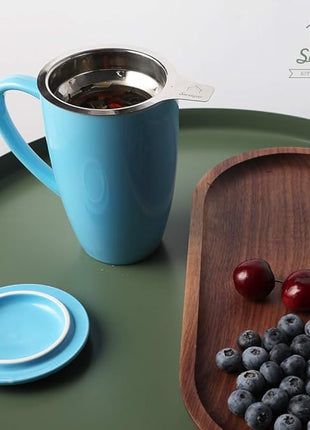 Sweejar Porcelain Tea Infuser Mug with Lid, 16 oz Teacup with Strainers for Loose Leaf Tea, Microwave and Dishwasher Safe Coffee Mug(New Jade)