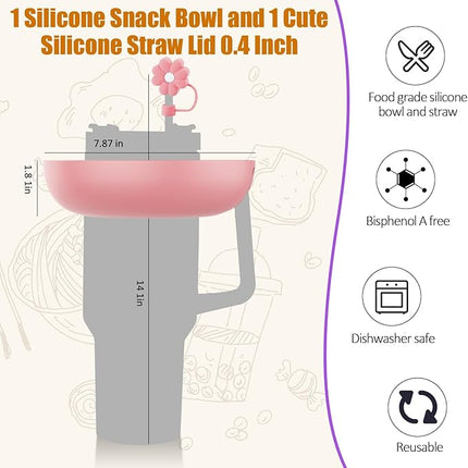 Snack Bowl for Stanley Cup 40 oz with Handle-Perfectly Compatible with Stanley Quencher H2.0 Tumbler 40 oz with Handle, Reusable Silicone Snack Tray, Stanley cup accessories (Pink Snack Bowl)