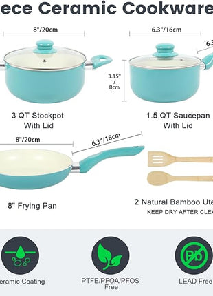 Pots and Pans Set, 7 Piece Nonstick Ceramic Cookware Set, Kitchen Induction Cookware Sets, Pots and Pans Non Stick with Stay Cool Handle, 100% PFOA Free, Turquoise