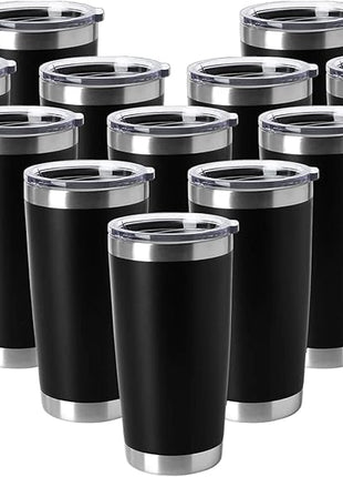 HASLE OUTFITTERS 20oz Tumblers Stainless Steel Mugs with Lid Double Wall Vacuum Insulated Coffee Cups for Cold & Hot Drinks (20oz-Black, 12 Pack)
