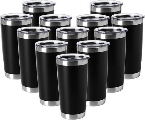 HASLE OUTFITTERS 20oz Tumblers Stainless Steel Mugs with Lid Double Wall Vacuum Insulated Coffee Cups for Cold & Hot Drinks (20oz-Black, 12 Pack)