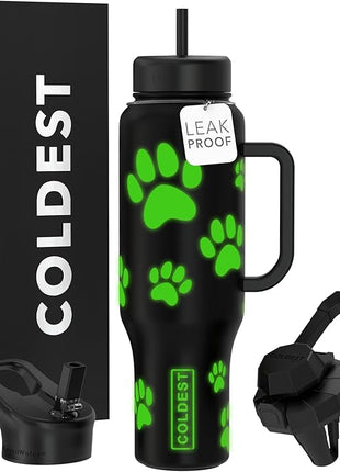 Coldest Tumbler with Handle and Straw - 100% Leak Proof Insulated Tumbler with Lid and Straw (3 Lids) - Stainless Steel Tumblers for Women & Men - Cup Holder Friendly Base, 46 oz (Glowie Paws)