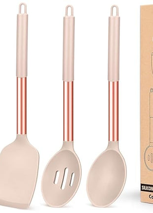 Pack of 4 Silicone Cooking Utensils Set, Non Stick Large Solid Spatulas, Heat Resistant Rose Gold Khaki Slotted Spoons, Ideal BPA Free Kitchen Turners for Frying, Mixing,Serving,Draining,Turning