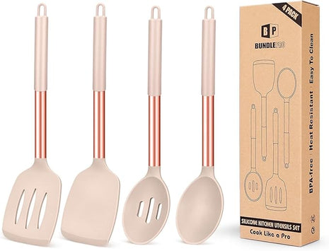 Pack of 4 Silicone Cooking Utensils Set, Non Stick Large Solid Spatulas, Heat Resistant Rose Gold Khaki Slotted Spoons, Ideal BPA Free Kitchen Turners for Frying, Mixing,Serving,Draining,Turning
