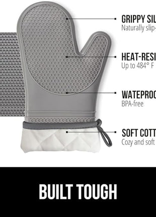GORILLA GRIP BPA-Free Soft Silicone Oven Mitts and Pot Holders Sets of 4, Heat Resistant Waterproof Cooking Gloves, Thick Cotton Lining, Flexible Gripping for Baking Grilling, Kitchen Trivets, Gray