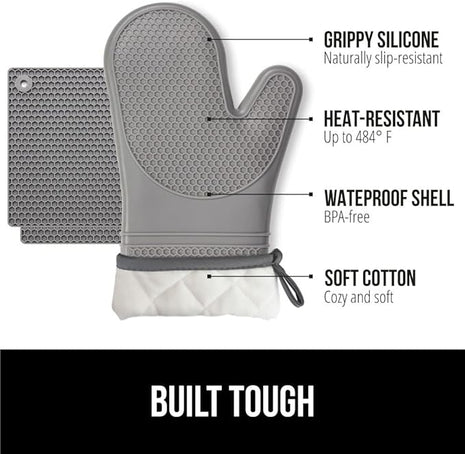GORILLA GRIP BPA-Free Soft Silicone Oven Mitts and Pot Holders Sets of 4, Heat Resistant Waterproof Cooking Gloves, Thick Cotton Lining, Flexible Gripping for Baking Grilling, Kitchen Trivets, Gray