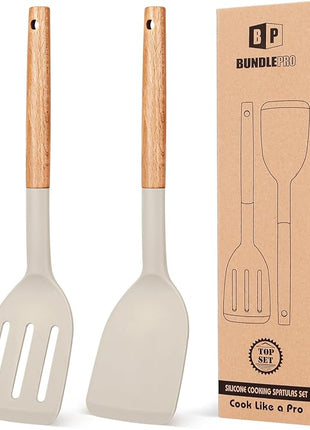 Pack of 2 Silicone Cooking Spatula, Heat Resistant Solid Turner, Non Stick Slotted Spatulas with Wooden Short Handle,Ideal Wood Kitchen Utensils Set for Frying, Baking, Flipping, Turning
