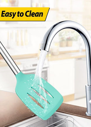 Pack of 2 Silicone Solid Turner, Non Stick Slotted Kitchen Spatulas, High Heat Resistant BPA Free Cooking Utensils, Ideal Cookware for Fish, Eggs, Pancakes(Green)