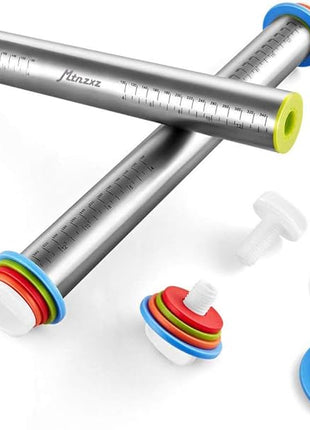 Rolling Pin and Silicone Baking Pastry Mat Set, Stainless Steel Dough Roller, Rolling Pins with Adjustable Thickness Rings, for Baking Fondant, Pizza, Pie, Pastries, Pasta, Cookies