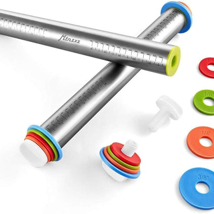 Rolling Pin and Silicone Baking Pastry Mat Set, Stainless Steel Dough Roller, Rolling Pins with Adjustable Thickness Rings, for Baking Fondant, Pizza, Pie, Pastries, Pasta, Cookies