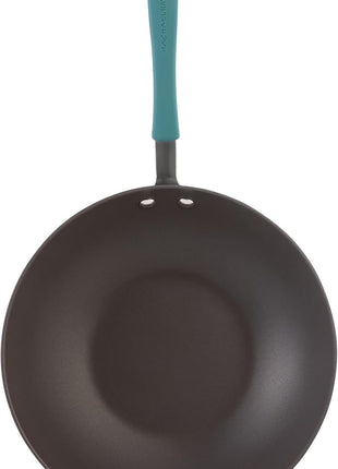 Rachael Ray Cucina Hard-Anodized Nonstick Covered Stir Fry Pan, 11-Inch, Gray, Agave Blue Handles