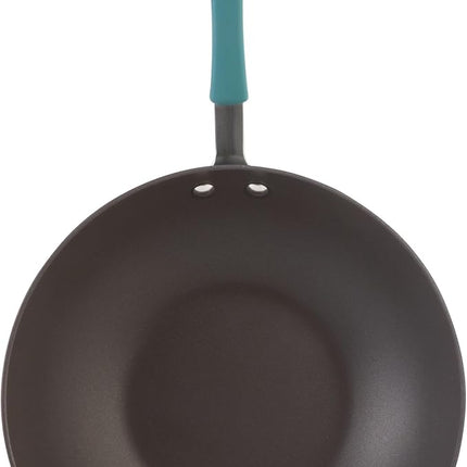 Rachael Ray Cucina Hard-Anodized Nonstick Covered Stir Fry Pan, 11-Inch, Gray, Agave Blue Handles