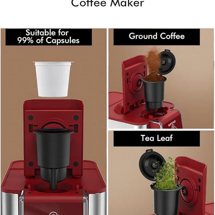 Single Serve Coffee Maker - 3-in-1 K Pod Coffee Machine, Ground, Leaf Tea, 50oz Reservoir, Red