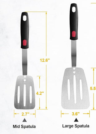 Stainless Steel Flexible Spatula Slotted Turner, XiaoZu Thin Metal Spatula for Cast Iron Skillet, Thin Blade and Heat Resistant Silicone Handle, Great for Egg, Cookie, Meat, Crep, Medium + Large