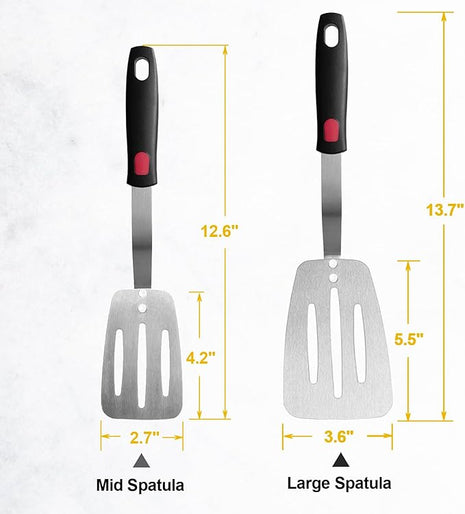 Stainless Steel Flexible Spatula Slotted Turner, XiaoZu Thin Metal Spatula for Cast Iron Skillet, Thin Blade and Heat Resistant Silicone Handle, Great for Egg, Cookie, Meat, Crep, Medium + Large