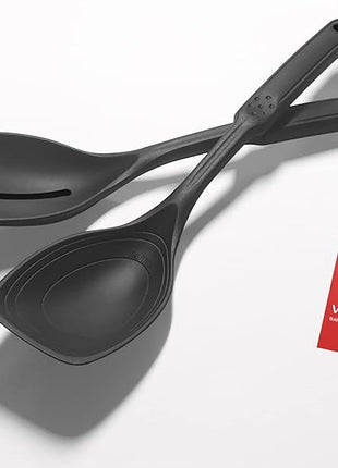 2 Pack Large Silicone Cooking Spoon, Non-Stick Slotted and Solid Spoon set with Deep Bolw and Measurement Mark for Mixing, Serving, Draining, Scooping, Scraping, Heat Resistant Kitchen Utensils, Black