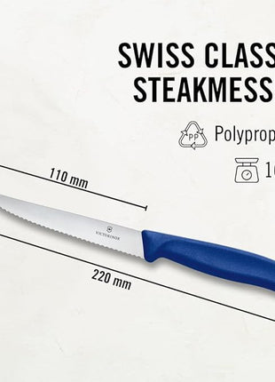 Victorinox 6.7232.6 Swiss Classic Steak Knife Set Ideal for Slicing a Wide Variety of Steak Cuts Wavy Edge Blade in Blue, Set of 6