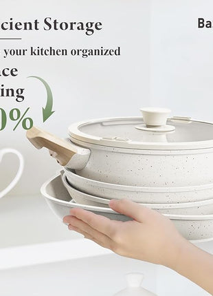 19 Pcs Pots and Pans Set Non Stick Ceramic Cookware Set with Removable Handles, Non Toxic Induction Kitchen Cookware Sets RV Cookware,Dishwasher/Oven Safe PFAS/PTFE/PFOA Free Cream White