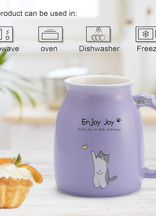 Cute Cat Cup Ceramic Coffee Mug with Kawaii Cat Wooden Lid, Lovely Stainless Steel Spoon, Anime Kitty Thicken Wooden Coaster, Christmas Birthday Cute Thing Japanese Mug 16oz (Purple)