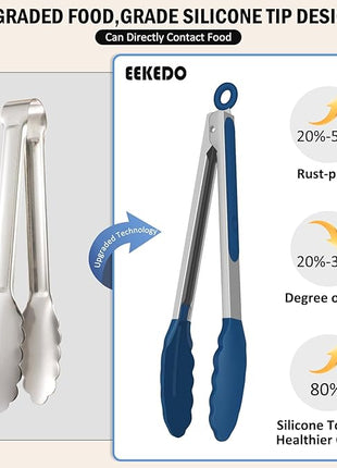 Kitchen Tongs, Stainless Steel Silicone Tongs for Cooking 600ºF High Heat-Resistant BBQ Grilling Locking Tongs, Set of 2-9" and 12" Classic Blue