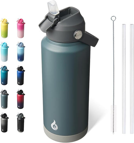 BJPKPK Water Bottle with Straw Lid, 32oz Vacuum Insulated Water Bottles, Metal Stainless Steel Thermo for Sports, Travel, BPA Free Leak Proof Thermo, Cups, Flasks, Tumblers, Grey