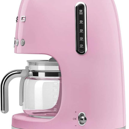 Smeg 50's Retro Style Aesthetic Drip Coffee Machine with 10 Cup Glass Carafe, Auto Start Feature, Keep Warm Plate, and Two Coffee Strength Settings (Pink)