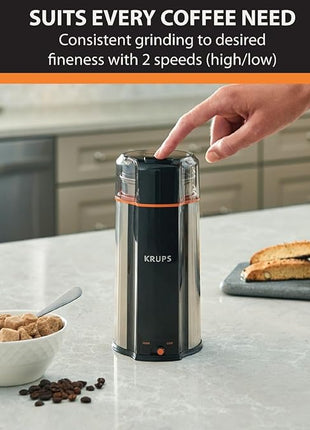 KRUPS: 3oz Coffee Grinder, Ultimate Silent Vortex Plastic and Stainless Steel Grinder with Removable Bowl Mess-Free, 8 Times Quieter, 2 Speeds 240 Watts,Dry Herbs,Dishwasher Safe,12 cups ground Silver