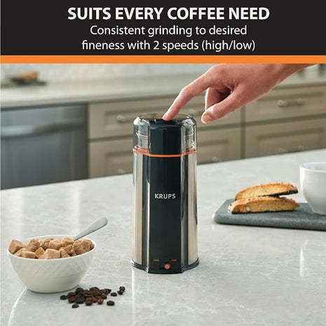 KRUPS: 3oz Coffee Grinder, Ultimate Silent Vortex Plastic and Stainless Steel Grinder with Removable Bowl Mess-Free, 8 Times Quieter, 2 Speeds 240 Watts,Dry Herbs,Dishwasher Safe,12 cups ground Silver