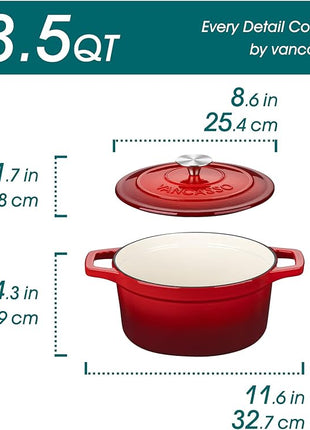 vancasso Enameled Cast Iron Dutch Oven with Lid, 3.5 QT Small Round Enamel Dutch Oven Pot for Bread Baking, Non Stick Enamel Coating, Red
