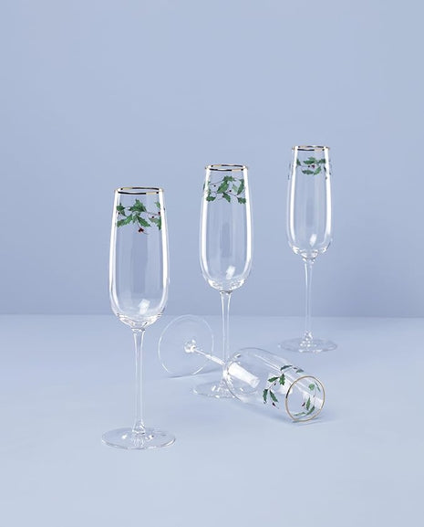 Lenox Glassware, Holiday Decal Flutes, Set of 4, 11-Ounce Capacity, Made From Glass, Dishwasher Safe Flutes, Drinking Glasses Set, Home And Kitchen, Champagne Flute, Champagne Glasses (Clear, 4 Piece)
