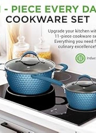 NutriChef 11 Pc Pots and Pans Set - Non Stick Cookware Set with Ceramic Coating, Ergonomic Handles, Induction Ready, Includes Saucepan, Dutch Oven, Large & Small Fry Pans - Royal Blue