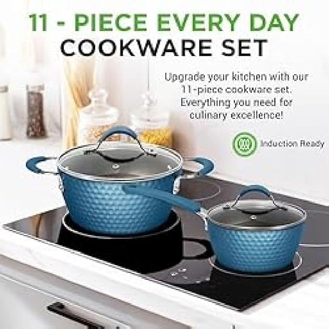 NutriChef 11 Pc Pots and Pans Set - Non Stick Cookware Set with Ceramic Coating, Ergonomic Handles, Induction Ready, Includes Saucepan, Dutch Oven, Large & Small Fry Pans - Royal Blue