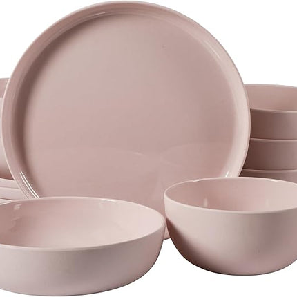 Gibson Home Candy Skies 12 Piece Unbreakable Wheat Straw Melamine Plates and Bowls Dinnerware Set - Outdoor, Camping, & Everyday Use - Matte Exterior/Shiny Interior Pink