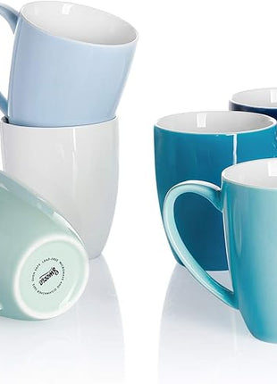 Sweese Porcelain Coffee Mugs - 12 Ounce - Set of 6, Cups for Latte, Hot Tea, Cappuccino, Mocha, Cocoa, Multicolor, Blue Assorted Colors