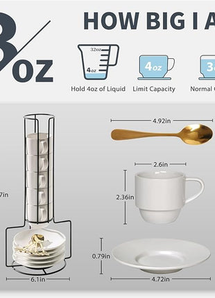 Lareina Porcelain Stackable Espresso Cups with Saucers, Spoons and Metal Stand, 3 Ounce Small Coffee Cups Set of 6 - Ceramic Demitasse Mugs, White