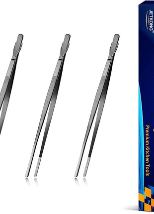 JETKONG 7 Inch Tweezers Tongs Mini Kitchen Food Tweezers Small Cooking Thin Tongs, Set of 3 (7 7 7 Inch, Black)