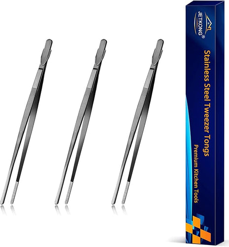 JETKONG 7 Inch Tweezers Tongs Mini Kitchen Food Tweezers Small Cooking Thin Tongs, Set of 3 (7 7 7 Inch, Black)