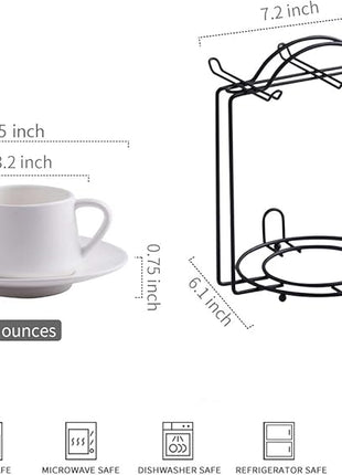 YHOSSEUN Espresso Cups Set with Saucers and Metal Stand Coffee Cup Set of 6 4 oz Cappuccino Cups Teacup for Tea Party - White