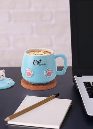 Cute Cat Mug, Novelty Ceramic Coffee Tea Milk Cup with Lovely Kitty Lid, Kawaii Claw Spoon, Anime Coaster, Novelty Things Birthday Christmas Gift for Cat Lovers Women Her, 14 oz, Blue