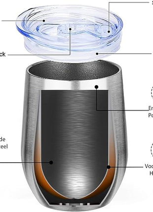 MEZMUT 12oz Insulated Wine Tumbler with Lid Double Wall Vacuum Stainless Steel Wine Glass Coffee Mug Insulated Tumbler Cup for Champaign, Cocktail, Beer (Silver,4 Pack)