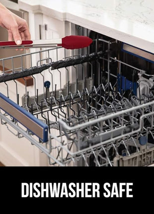 GORILLA GRIP Stainless Steel Heat Resistant Kitchen Tongs for Cooking, 9 + 12 Inch, Set of 2 BBQ Tong, Non Scratch Silicone Tip for Pan, Strong Grip, Grab Food, Toss Salad, Air Fryer, Pull Lock, Red