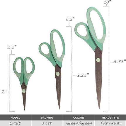 BambooMN Titanium Softgrip Scissors Set for Sewing, Arts, Crafts, Office - 3 Sets of 3 - Mint Green