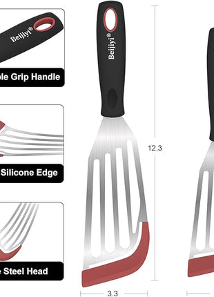 Beijiyi Fish Spatula Turner Set of 2, Heat Resistant Silicone Edge Slotted Fish Spatulas for Nonstick Cookware, Flexible and Thin Stainless Steel Kitchen Cooking Spatula Flipper for Fish, Egg, Pancake