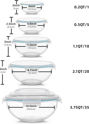 WhiteRhino Glass Mixing Bowl with Lids Set of 5, 0.2, 0.5, 1.1, 2.1, 3.75 QT, Large Salad Bowls with BPA-Free Lids, Space-Saving Nesting Bowls for Kitchen Food Storage, Glass bowl for Cooking, Baking