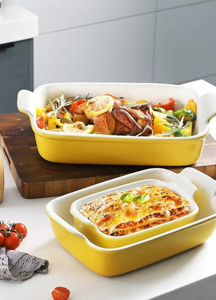 Sweejar Baking Pans Set, Ceramic 9x13 Baking Dish with Handle, Rectangular Casserole Dishes for Oven, Bakeware Sets of 3, Durable Lasagna Pan Deep for Kitchen, Banquet, Wedding Gift(Yellow)